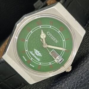 Vintage 1980 Citizen Automatic Mens Silver Watch W/daydate & Green accents